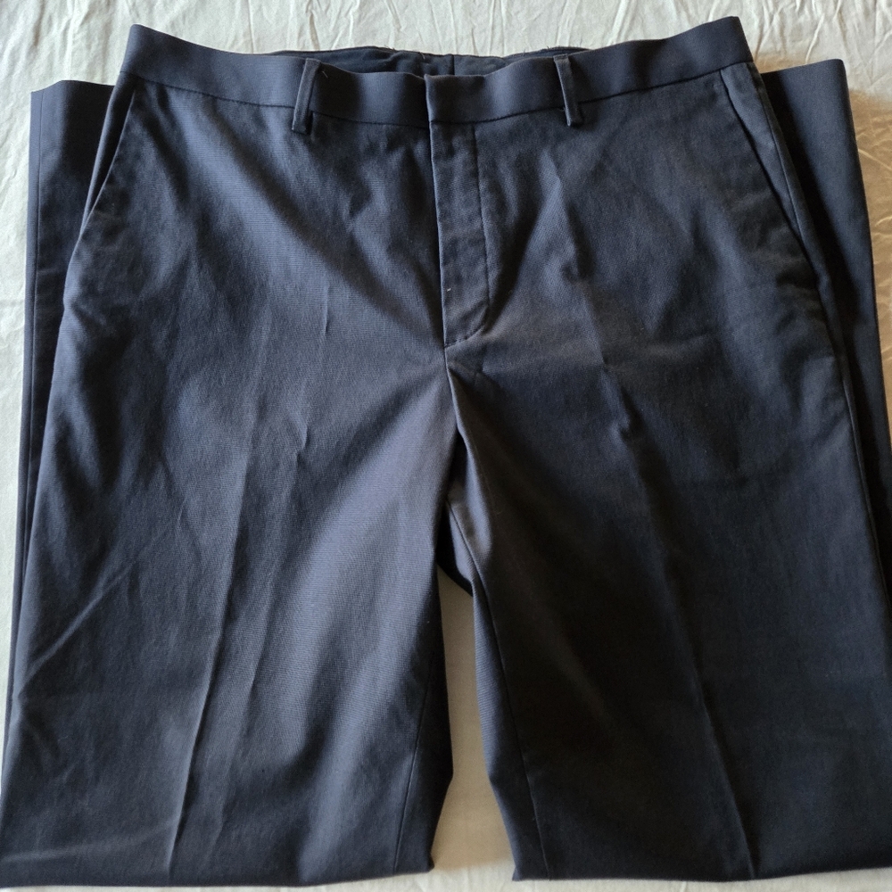 Dress Pants 34 X 34 Slim Fit Navy Blue Flat Front Cotton Blend